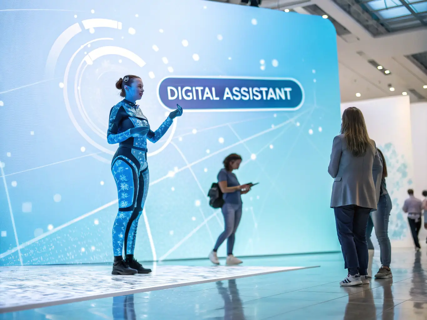 A digital illustration depicting a friendly, helpful virtual assistant interacting with various business applications and data streams, symbolizing seamless integration and task automation.