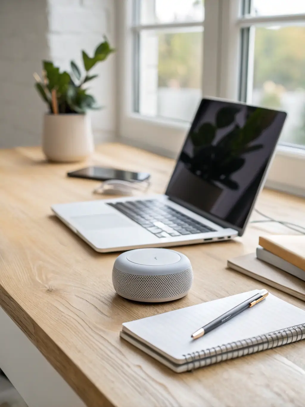 A sleek, modern interface of a custom virtual assistant handling customer inquiries, displayed on a laptop screen in a bright, professional office setting.